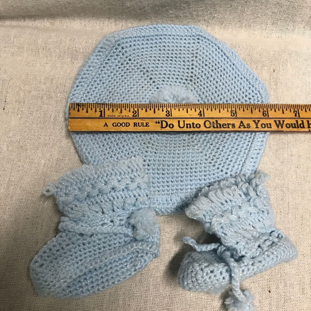 Vintage Hand Crochet Baby Hat and Booties Doll or Baby Blue Newborn Size - Picture 5 of 6